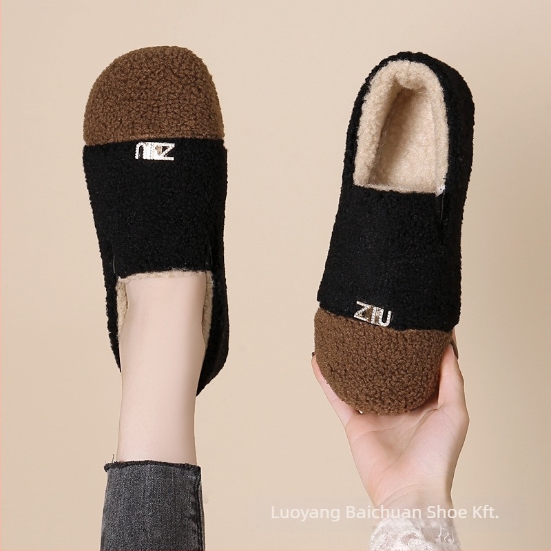 Női téli velúr lapos loaferek műszőrmés bélésével, kerek orrú, slip-on, PVC talp