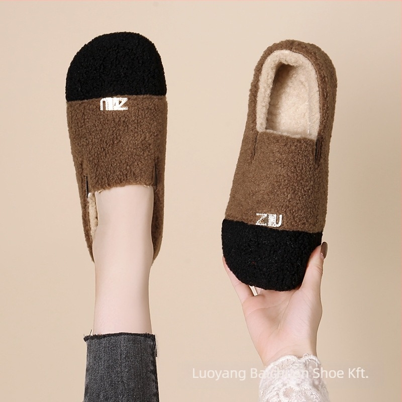 Női téli velúr lapos loaferek műszőrmés bélésével, kerek orrú, slip-on, PVC talp