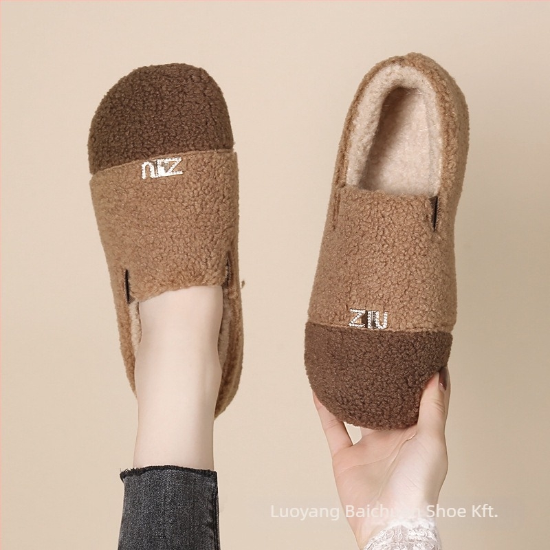 Női téli velúr lapos loaferek műszőrmés bélésével, kerek orrú, slip-on, PVC talp