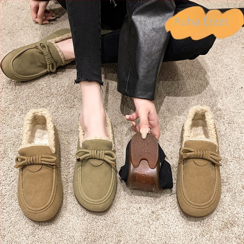 Női téli slip-on cipő műszőrme béléssel, középmagas velúr felsőrész, vamp és gumitalp