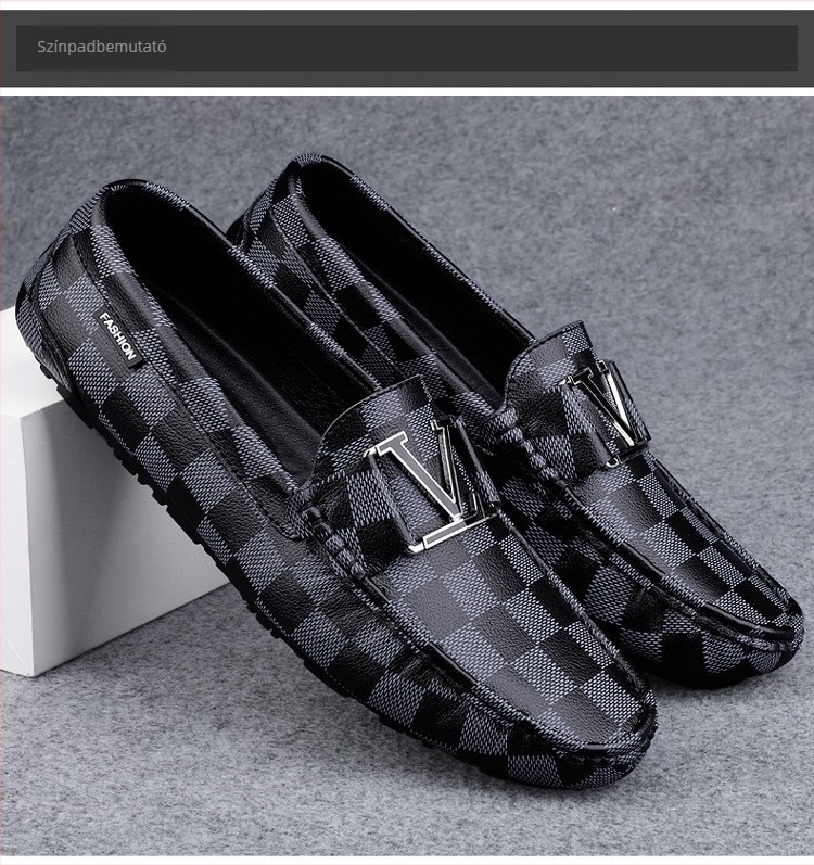 Férfi bőr Slip-On loafers, kockás mintázat, négyszögletes orr, gumírozott talp