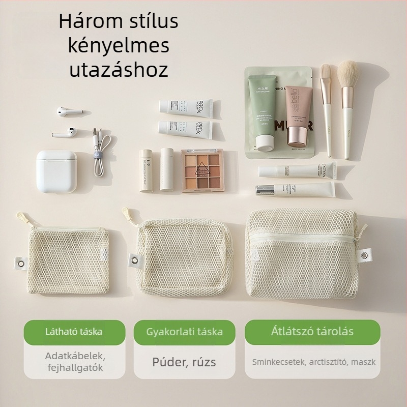 Kocka alakú hálós utazótáska kozmetikumok számára, hordozható, légáteresztő, poliészter-TPU anyag