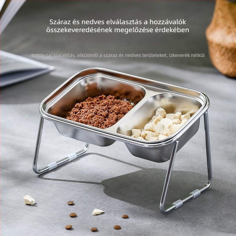 Kétrekeszes macskatál rozsdamentes acélból, étel és víz számára, csöpögés elleni védelem, nyaki védelem