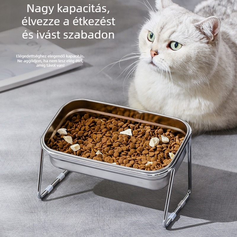 Kétrekeszes macskatál rozsdamentes acélból, étel és víz számára, csöpögés elleni védelem, nyaki védelem