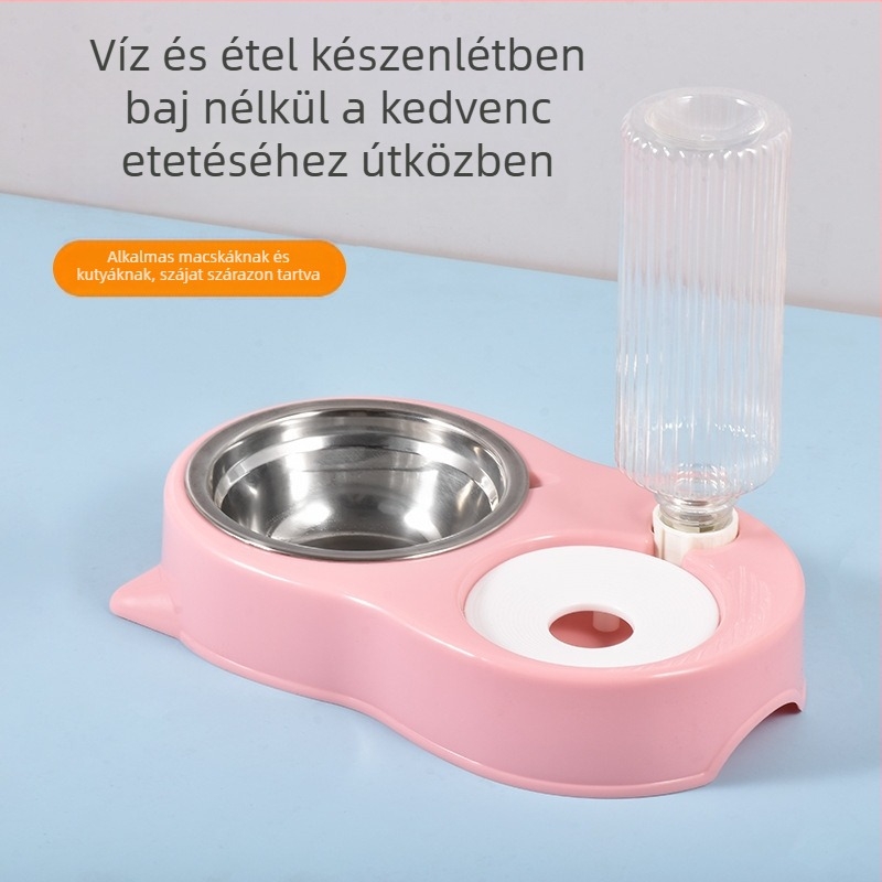 Macska kétkamrás tál anti-kidőlés dizájnnal és automata vízellátással