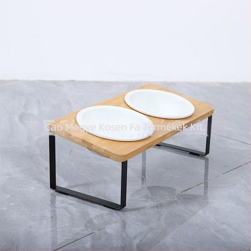 Fából készült macskatál tartó, dupla tál, levehető etetőasztal macskáknak