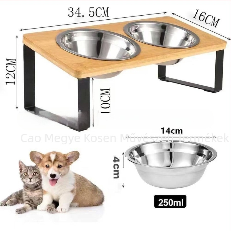 Fából készült macskatál tartó, dupla tál, levehető etetőasztal macskáknak