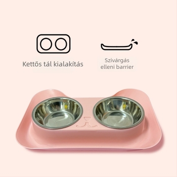 Macskafej formájú szivárgásmentes kettős tál belső rozsdamentes acél bevonattal; műanyag + rozsdamentes acél; márka Paitel; alkalmas macskáknak; kisállat etetőeszközök