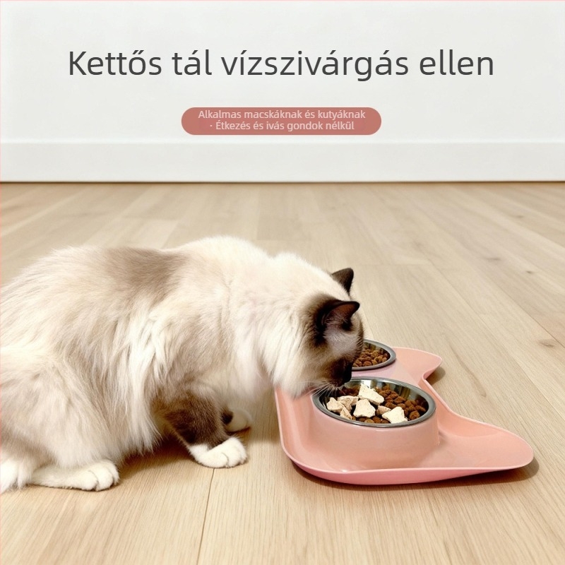 Macskafej formájú szivárgásmentes kettős tál belső rozsdamentes acél bevonattal; műanyag + rozsdamentes acél; márka Paitel; alkalmas macskáknak; kisállat etetőeszközök