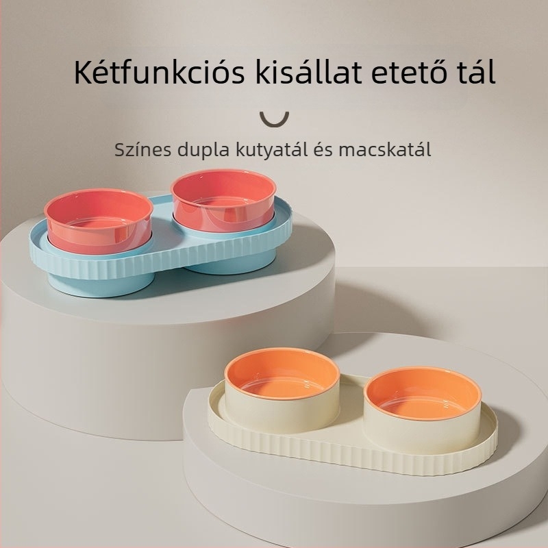 Macska étel- és víz tálak, műanyagból, két tál, anti-tipp és anti-spritz dizájnnal.