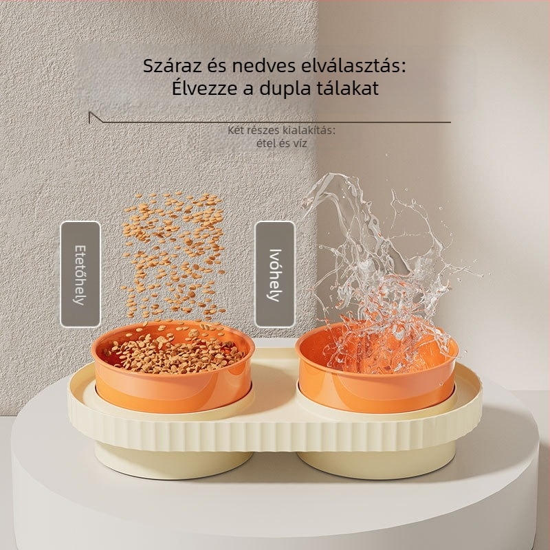 Macska étel- és víz tálak, műanyagból, két tál, anti-tipp és anti-spritz dizájnnal.