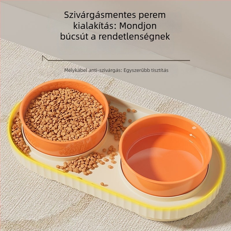Macska étel- és víz tálak, műanyagból, két tál, anti-tipp és anti-spritz dizájnnal.