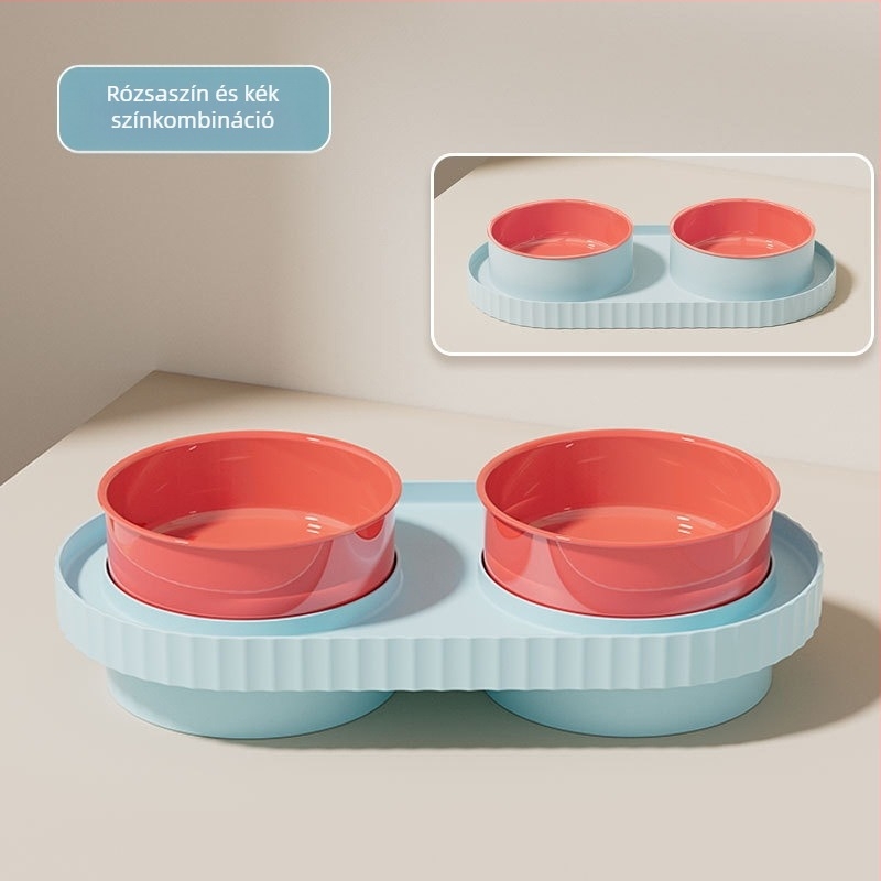 Macska étel- és víz tálak, műanyagból, két tál, anti-tipp és anti-spritz dizájnnal.