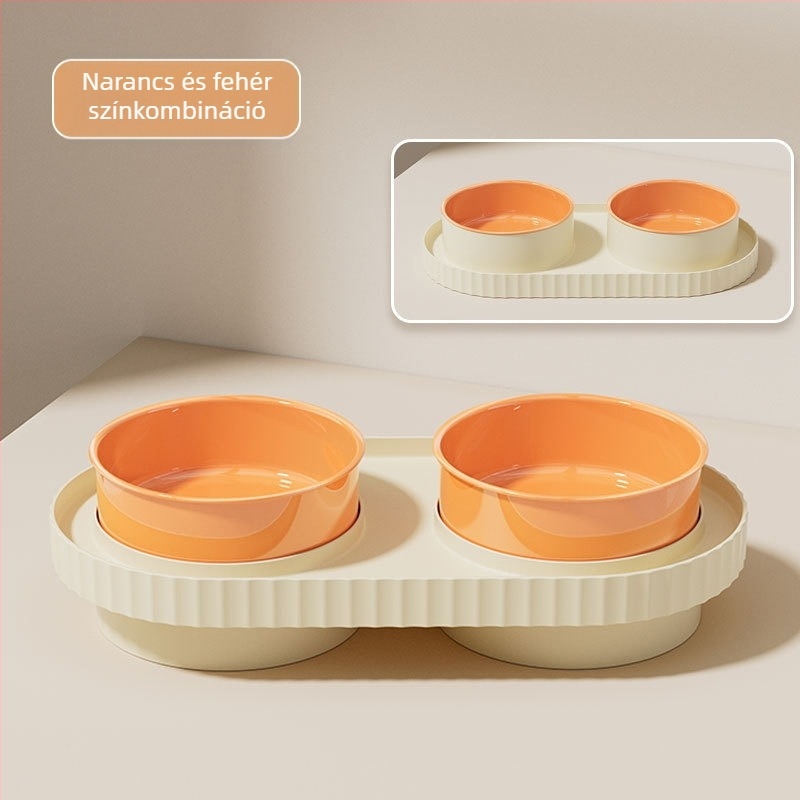 Macska étel- és víz tálak, műanyagból, két tál, anti-tipp és anti-spritz dizájnnal.