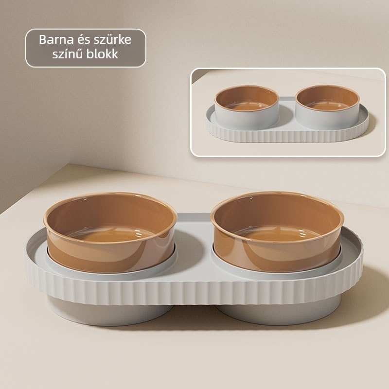 Macska étel- és víz tálak, műanyagból, két tál, anti-tipp és anti-spritz dizájnnal.