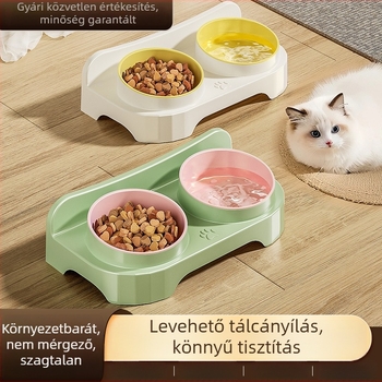 Macska etető tál, környezetbarát műanyag, két rekeszes, ferde szélű