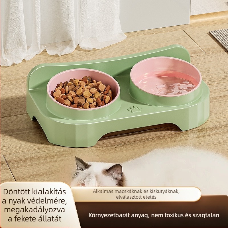 Macska etető tál, környezetbarát műanyag, két rekeszes, ferde szélű
