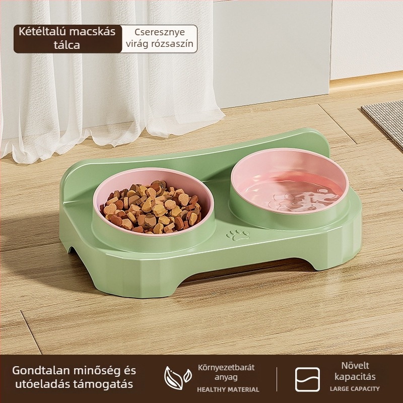 Macska etető tál, környezetbarát műanyag, két rekeszes, ferde szélű