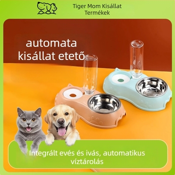 Macska etető- és itatóállomás kettős tálakkal, anti‑felborulás, PP és rozsdamentes acél, automata etetési készlet