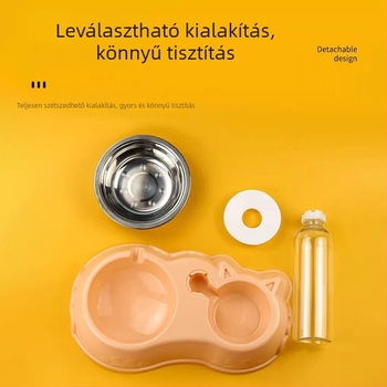 Macska etető- és itatóállomás kettős tálakkal, anti‑felborulás, PP és rozsdamentes acél, automata etetési készlet