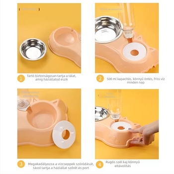 Macska etető- és itatóállomás kettős tálakkal, anti‑felborulás, PP és rozsdamentes acél, automata etetési készlet