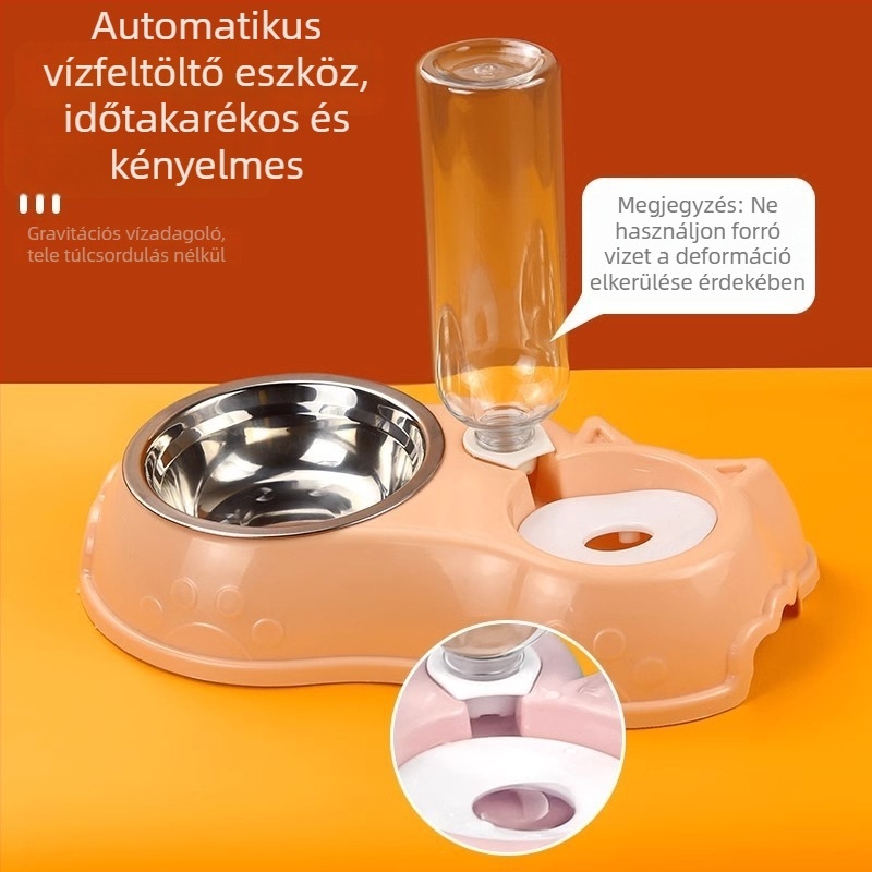 Macska etető- és itatóállomás kettős tálakkal, anti‑felborulás, PP és rozsdamentes acél, automata etetési készlet