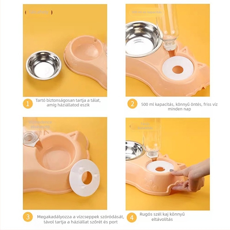 Macska etető- és itatóállomás kettős tálakkal, anti‑felborulás, PP és rozsdamentes acél, automata etetési készlet