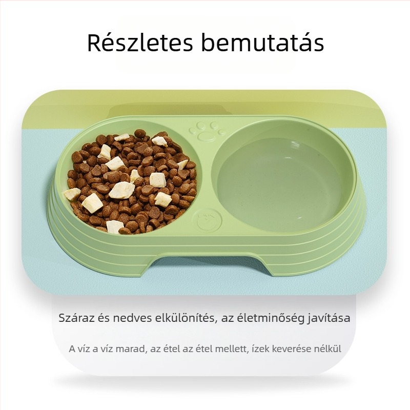 Műanyagból készült macska etető- és itatál, dupla tál, anti-tip kialakítás