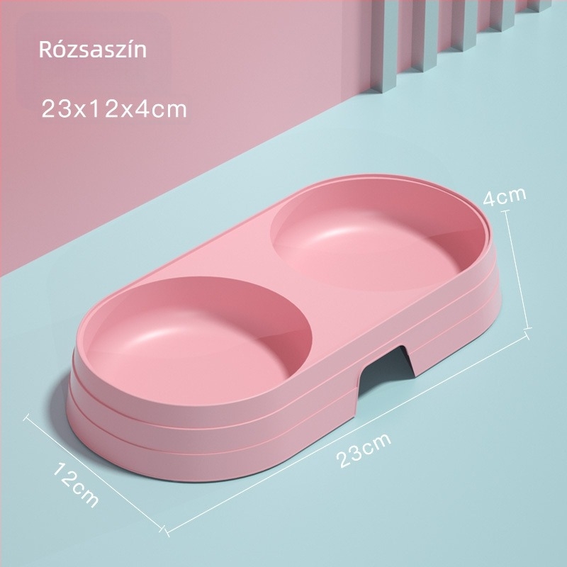 Műanyagból készült macska etető- és itatál, dupla tál, anti-tip kialakítás