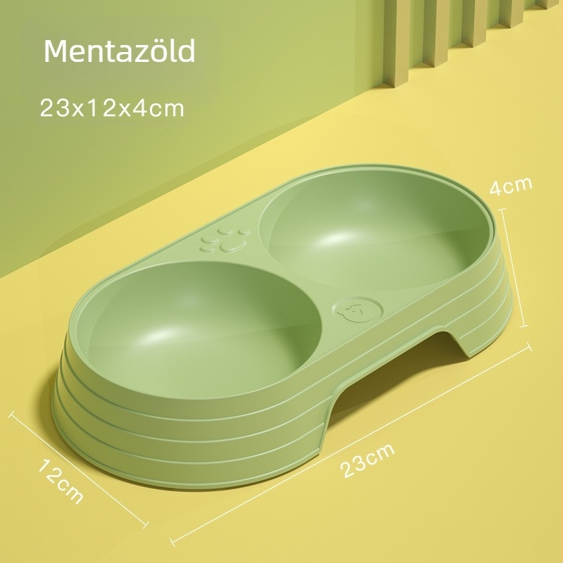 Műanyagból készült macska etető- és itatál, dupla tál, anti-tip kialakítás