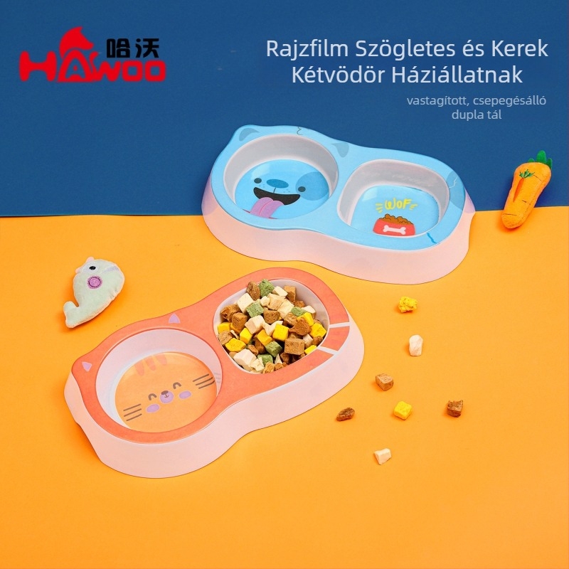 Dupla tál háziállatoknak karikatúra dizájnnal, négyzetes és kör alakú dizájn, melaminból, csúszásmentes, 300 g, Havo márka, macskáknak