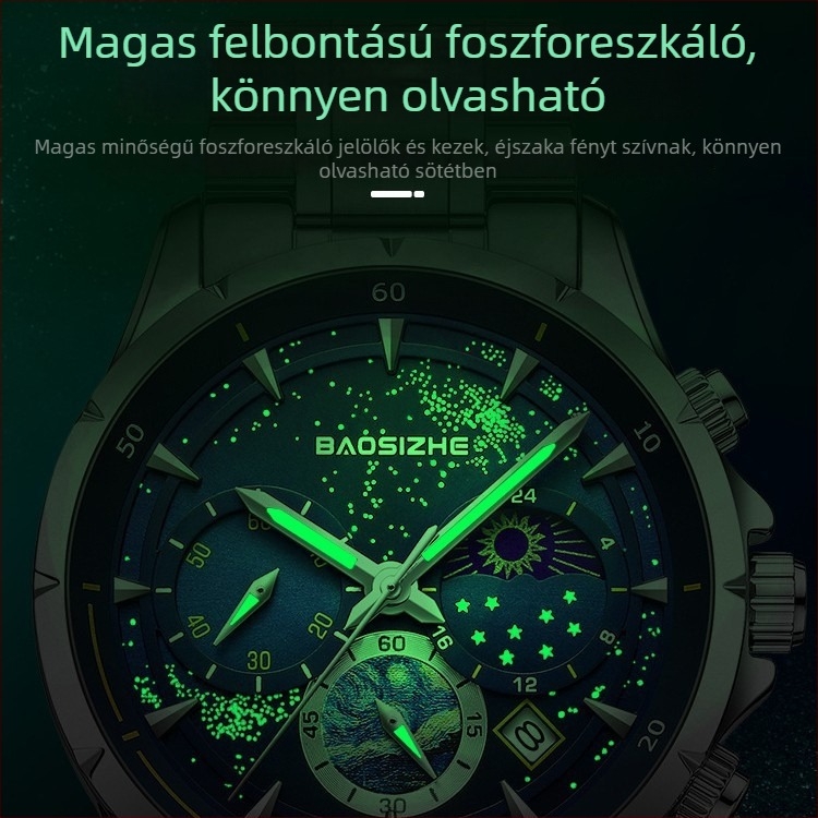 Férfi karóra svájci kvarcmozgással, holdfázis-kijelzés, dátum naptár, világító indexek, 30 m vízállóság