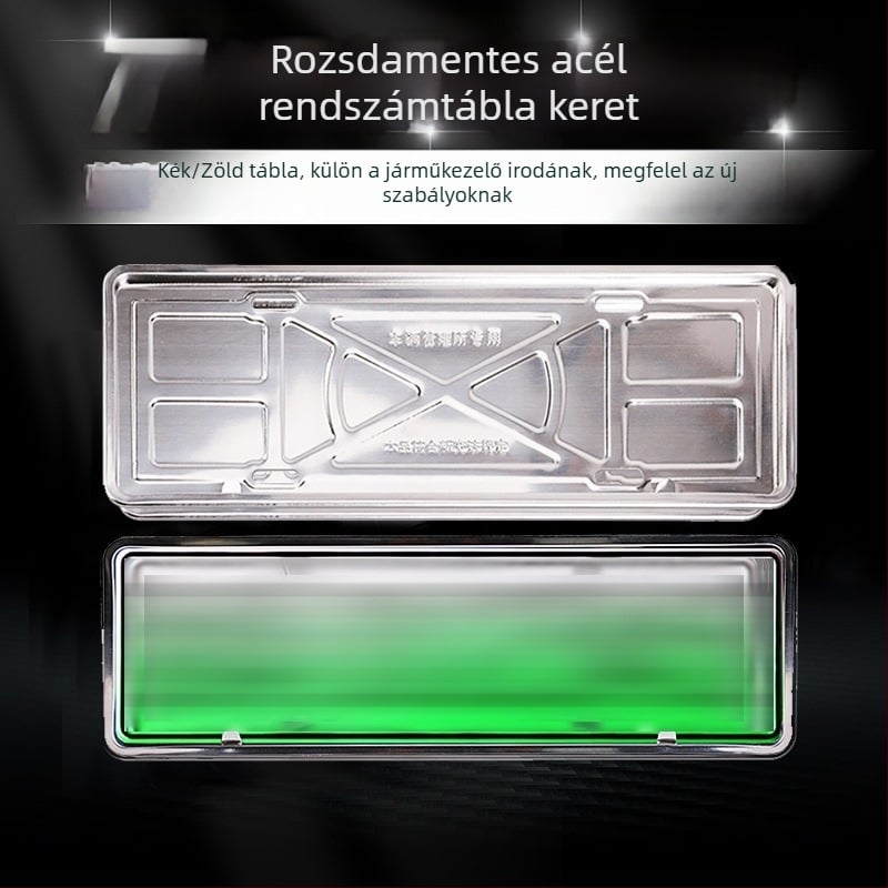 Inox acélból készült rendszámtábla keret elektromos járművekhez, universal, az új közlekedési szabályoknak megfelelő
