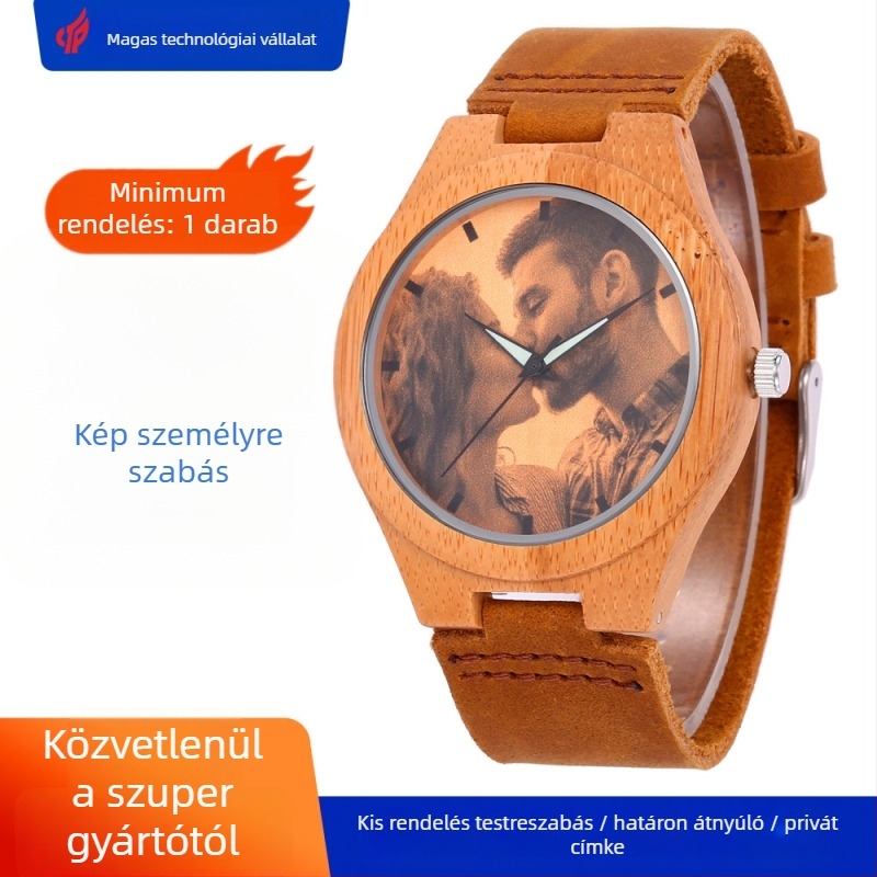 Férfi kvarc karóra személyre szabott számlap mintával, bambusz tok, valódi bőr szíj, analóg kijelző, Miyota 2035 szerkezet (Japán)