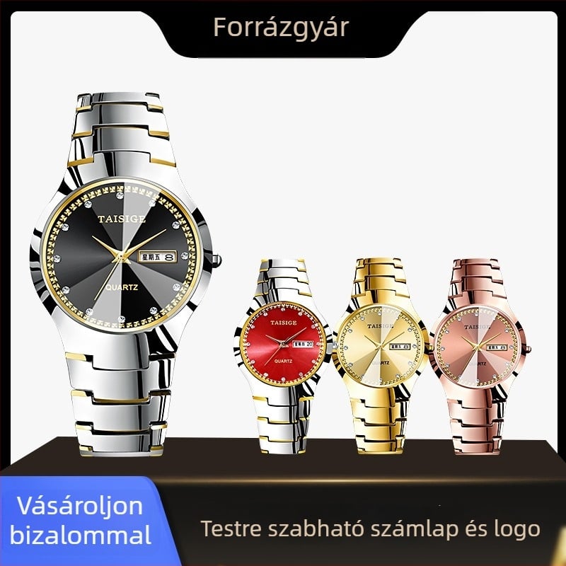 TAISIGE Wolframszövet acél óra kettős naptárral és pillangócsattal – kvarc mozgás (Japán), 36 mm mérőfelület, 10 mm vastagság, 30 m vízállóság