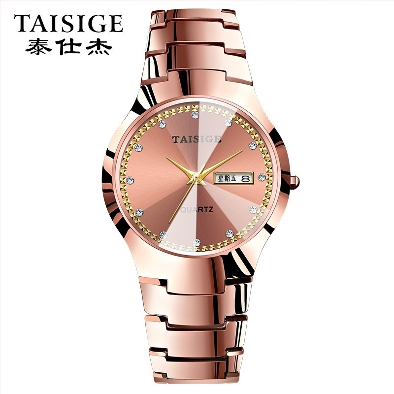 TAISIGE Wolframszövet acél óra kettős naptárral és pillangócsattal – kvarc mozgás (Japán), 36 mm mérőfelület, 10 mm vastagság, 30 m vízállóság