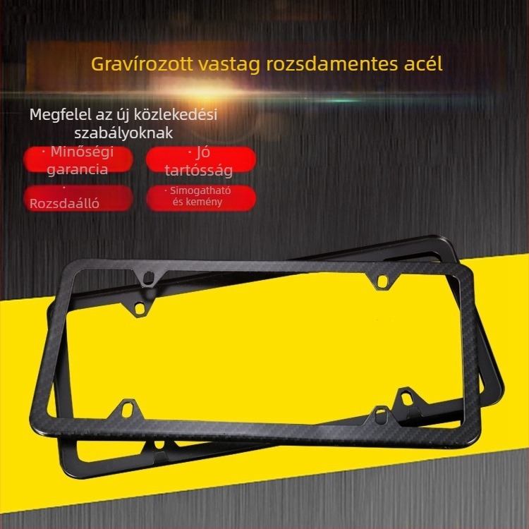 Rendszámkeret rozsdamentes acélból, karbonszálak hatású megjelenéssel, négy lyukas kialakítás, modell 02, kisautókhoz