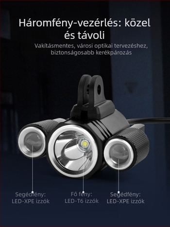 hegymászó kerékpár első lámpa nagy fényerővel hárommagos LED-del, 8,4V, fő LED T6 és mellék LED XPE