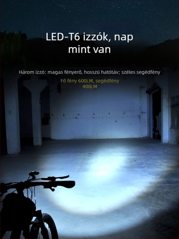 hegymászó kerékpár első lámpa nagy fényerővel hárommagos LED-del, 8,4V, fő LED T6 és mellék LED XPE