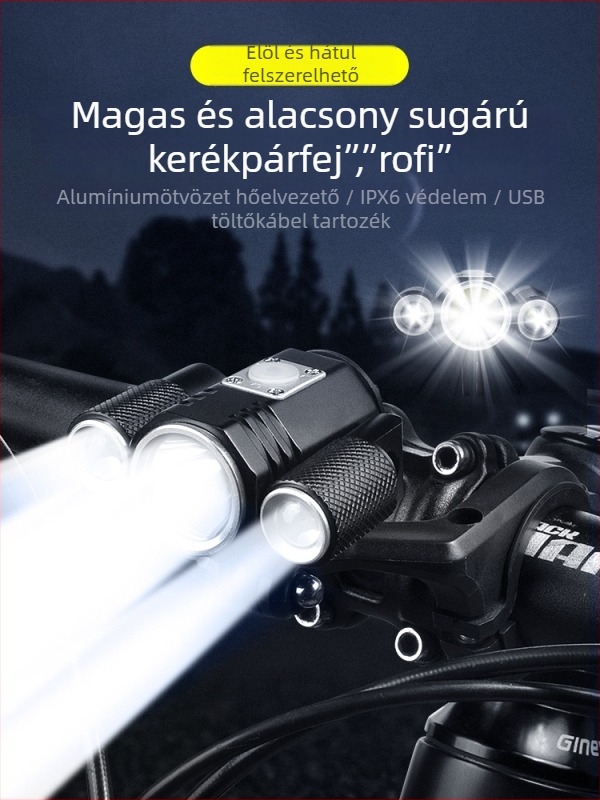 hegymászó kerékpár első lámpa nagy fényerővel hárommagos LED-del, 8,4V, fő LED T6 és mellék LED XPE