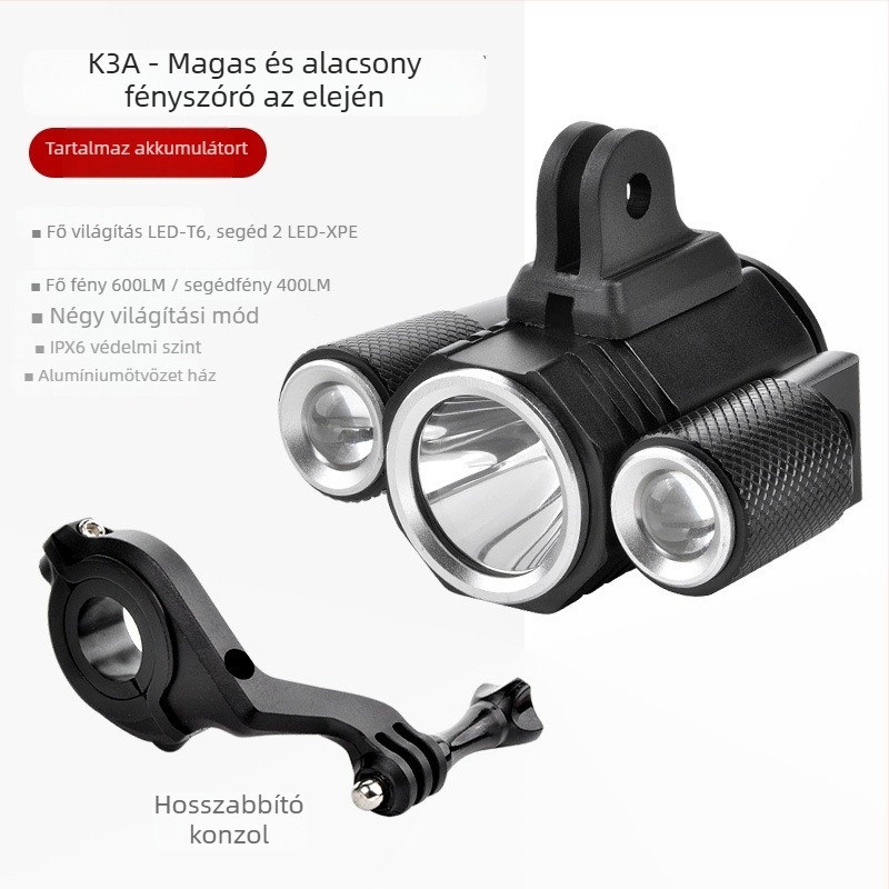 hegymászó kerékpár első lámpa nagy fényerővel hárommagos LED-del, 8,4V, fő LED T6 és mellék LED XPE