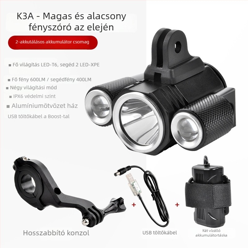 hegymászó kerékpár első lámpa nagy fényerővel hárommagos LED-del, 8,4V, fő LED T6 és mellék LED XPE