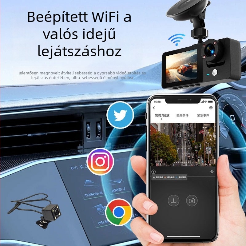 Háromkamerás autós dash cam: előre, belső és hátsó felvétel, 1080p, 140° széles látószög, 4G, TF-kártya támogatás