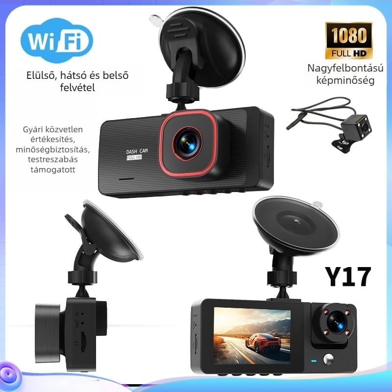 Háromkamerás autós dashcam: elő-, belső és hátsó kamera; 1080p, 140° látószög, 2,0 hüvelykes kijelző, 4G kapcsolattal