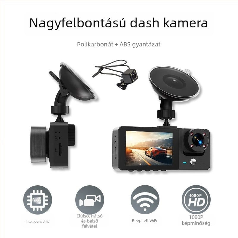 Háromkamerás autós dashcam: elő-, belső és hátsó kamera; 1080p, 140° látószög, 2,0 hüvelykes kijelző, 4G kapcsolattal