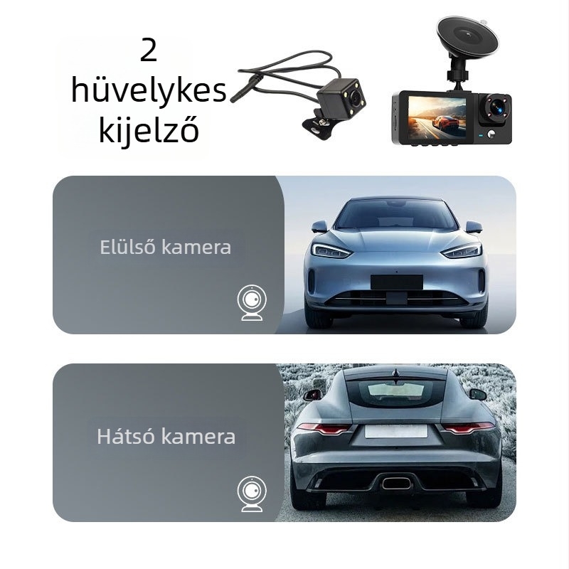 Háromkamerás autós dashcam: elő-, belső és hátsó kamera; 1080p, 140° látószög, 2,0 hüvelykes kijelző, 4G kapcsolattal