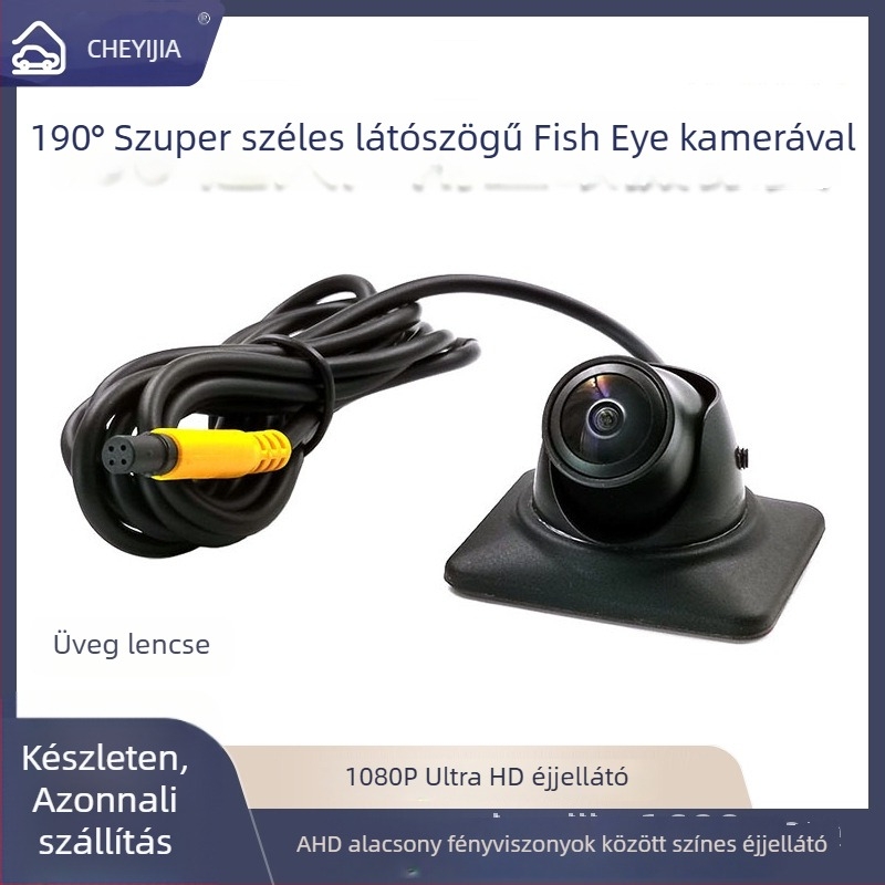 Autó holttér kamera – 190° fisheye széles látószögű optika, AHD 1080P, színes éjszakai kép, vízálló, 90°-os állítható szög