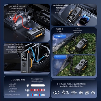 Buwei felfújható levegőpumpa és vészhelyzeti indító – mindent egyben energiaellátó egység elektromos gyújtással