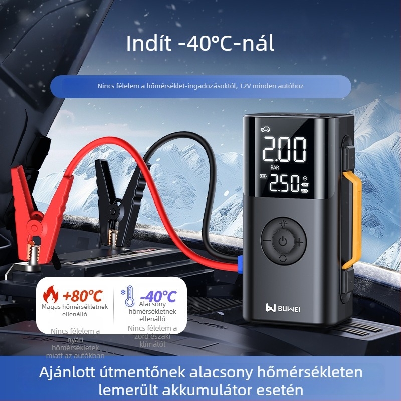 Buwei felfújható levegőpumpa és vészhelyzeti indító – mindent egyben energiaellátó egység elektromos gyújtással