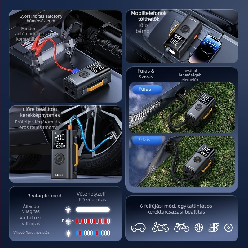 Buwei felfújható levegőpumpa és vészhelyzeti indító – mindent egyben energiaellátó egység elektromos gyújtással